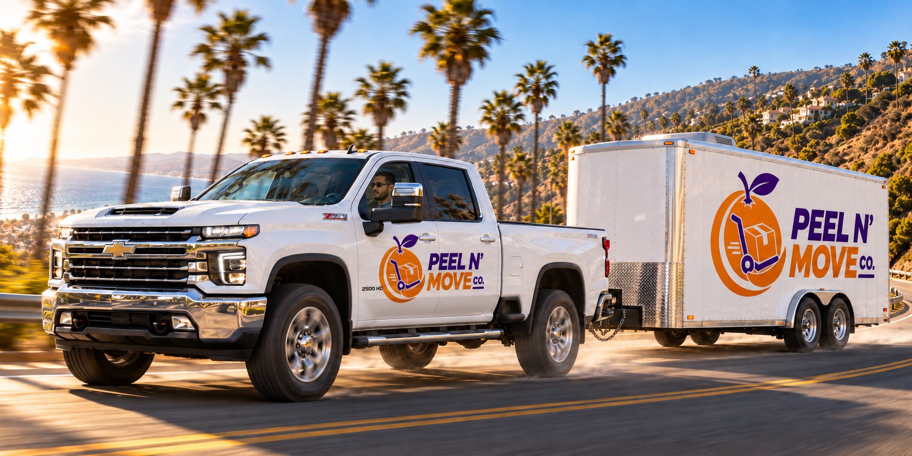 Peel N' Move Co. truck and trailer driving along the California coast